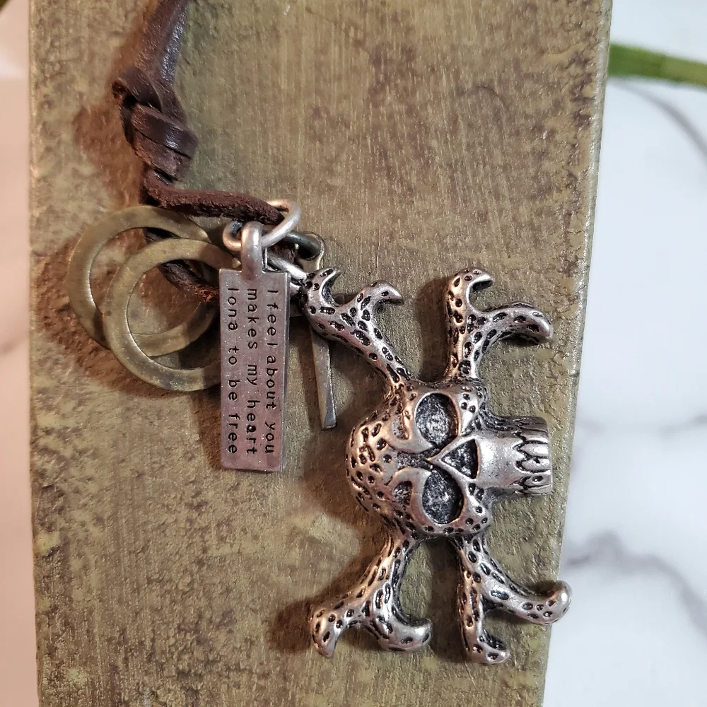 Pirate Skull & Bones Necklace on Brown Cord